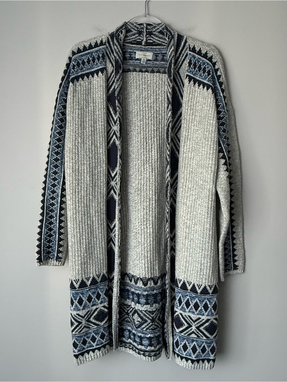 Lucky Brand Light Gray and Navy Open-Front Knit Cardigan